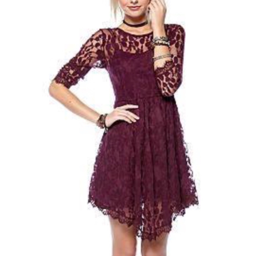 Free People Floral mesh lace dress Plum